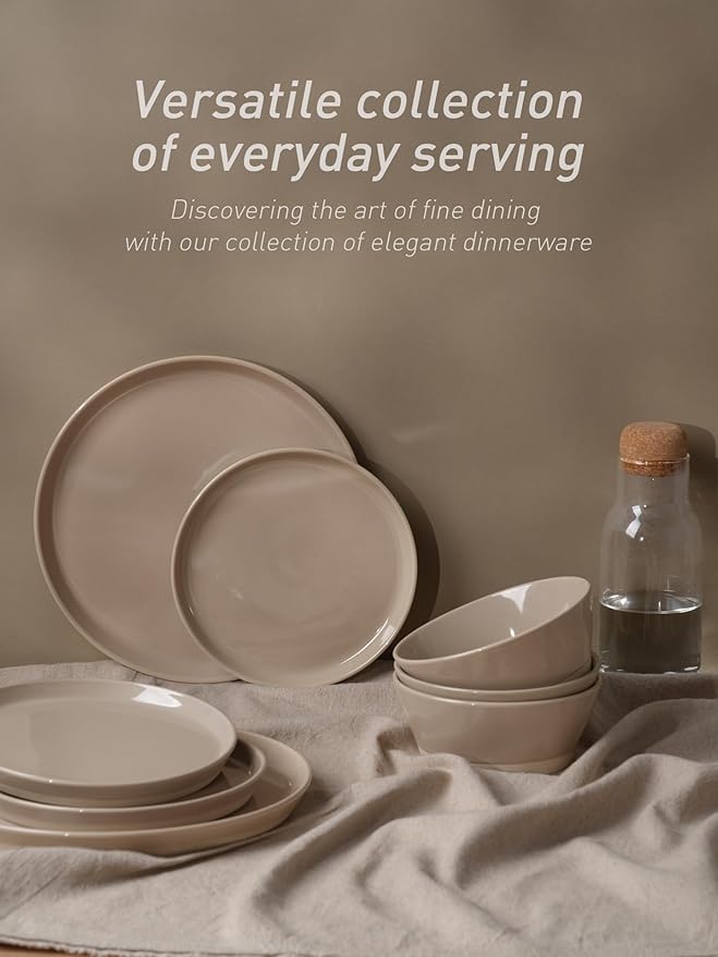 Famiware Saturn Dinnerware Set with Pasta Bowl, 16 Pieces Dish Set, Plates and Double Bowls Sets for 4, Chip and Scratch Resistant, Microwave and Dishwasher Safe Tableware, Cinnamon Brown