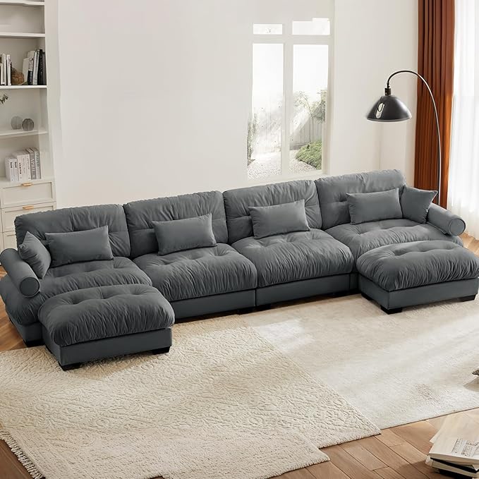 Grey Ottoman for Modular Sectional Sofa, Velvet Fabric Seat for Oversized Sectional Couches for Living Room Bedroom Apartment, Cloud Sofa Couch, Sofá para Sala