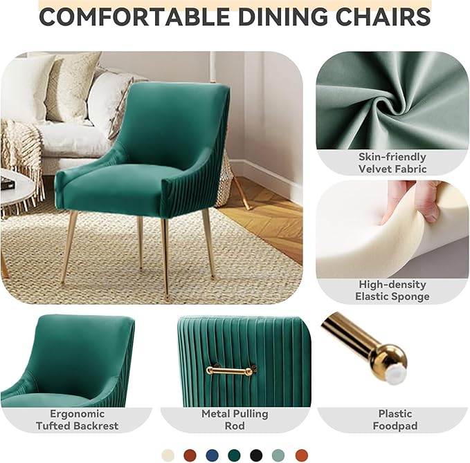 Dining Chairs, Accent Chairs Set of 8, Modern Upholstered Kitchen Dining Room Chairs with Gold Legs, Fabric Tufted Velvet Living Room Chairs for Reception Room Bedroom Guest Room (Deep Green)