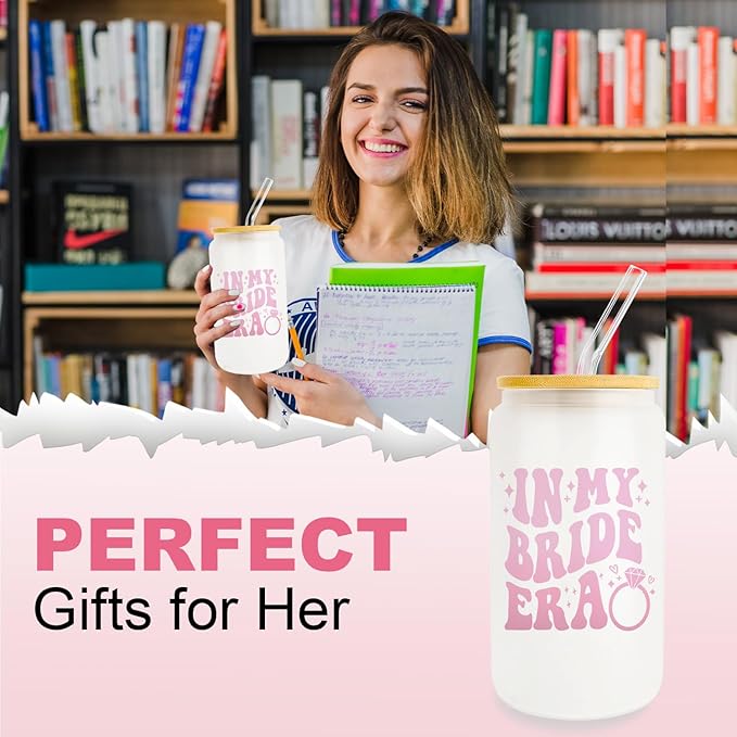 Bachelorette Gifts for Bride, Bridal Shower Gifts, Bride to Be Gifts, Bride Gifts 16oz Glass Cup with Lid and Straw, in My Bride Era, Gifts for Bride Wedding, Future Mrs Wifey Gifts