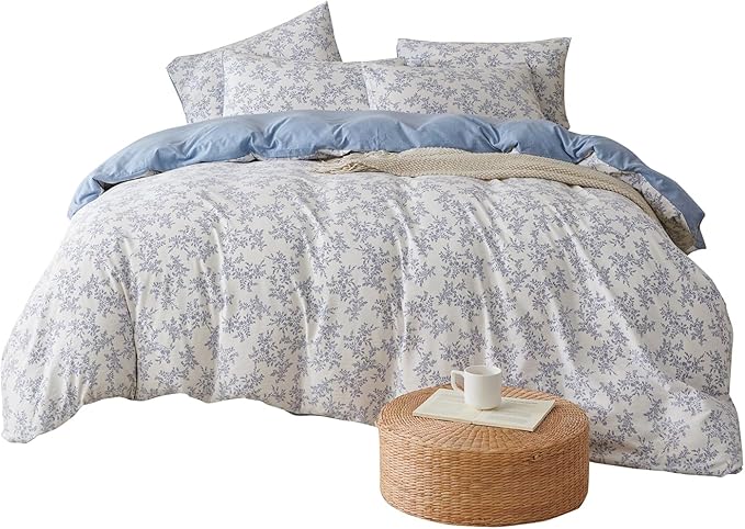 Comforter Set King Floral Soft Cute Bedding Sets Garden Style Blue Flower Print Botanical Floral Comforter for All Seasons and 1 Pillowcases