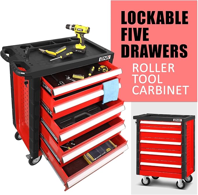 DNA MOTORING 5-Drawer Rolling Tools Chest, Rolling Tool Storage Cabinet, Mechanic Tool Cart, Trolley Organizer for Garage, Warehouse, Workshop, w/ Keys, Red, Upgrade Package, TOOLS-00001