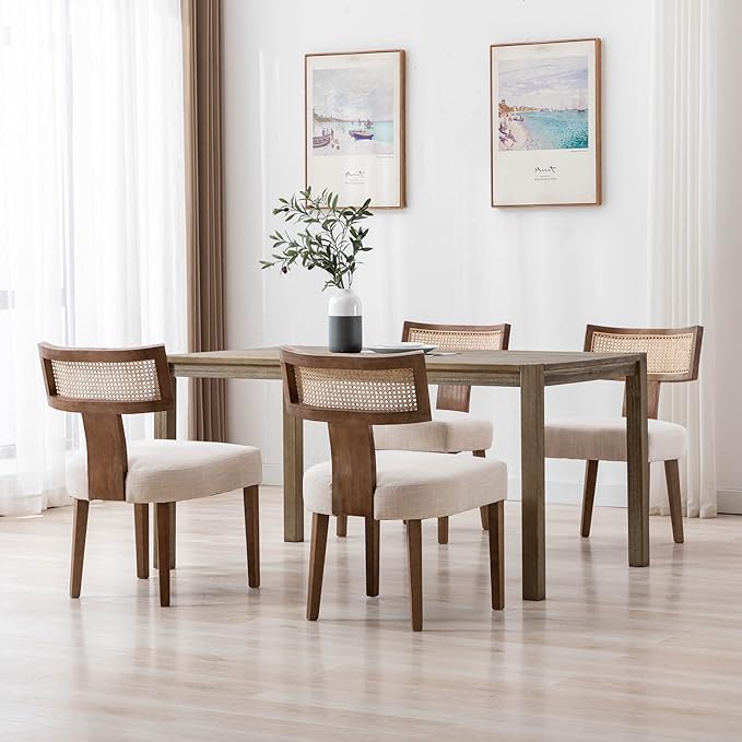 Rattan Dining Chairs Set of 2, Modern Dining Chairs, Kitchen Dining Room Chair, Curved Cane Back Upholstered Linen Fabric Dining Chair with Wood Frame, Beige