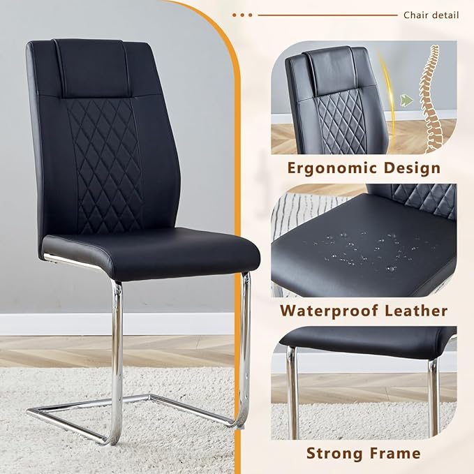 63'' Glass Dining Table Set for 4, Kitchen Table Chairs Set of 4, Clear Glass Dining Table with White unique design Leg and Silver Metal Base, 4 PU Dining Chairs with Metal Legs, Living Room, Kitchen.