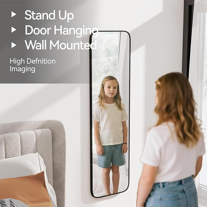 47x14 Mirror Rectangle Full Body Length Door Hanging Wall Mounted Metal Aluminum Alloy Frame Dressing Make-up Mirrors for Entryway Bedroom Bathroom Living Room 47 14 inch Black