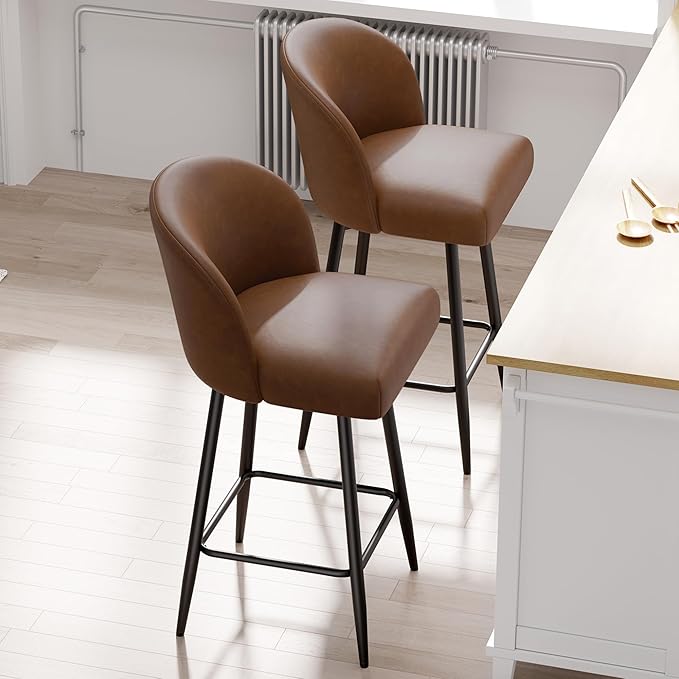 Counter Height Bar Stools Set of 2,360° Swivel Barstools with High Back and Metal Legs,26" Seat Height, Upholstered PU Leather Bar Chairs for Kitchen Island, Dining Room,Cafes,Brown