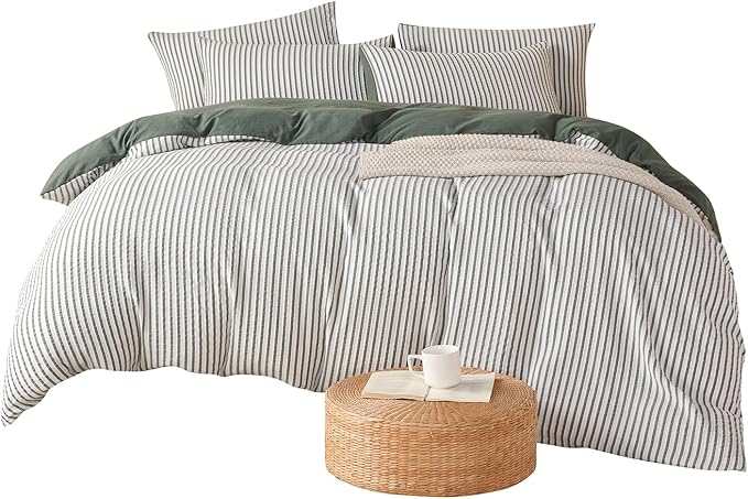 Green Queen Size Comforter Set Striped 100% Soft Washed Microfiber Jacquard 3 Pieces Striped Bedding Sets Green White Comforter Queen for All Seasons and 2 Pillowcases Comfort Breathable