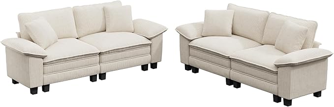 L-Shaped Cloud Modular Sofa Set, 4-Piece Double Loveseat Sectional w/Deep Seat & Removable Arms, Plush Corduroy for Living Room - Beige