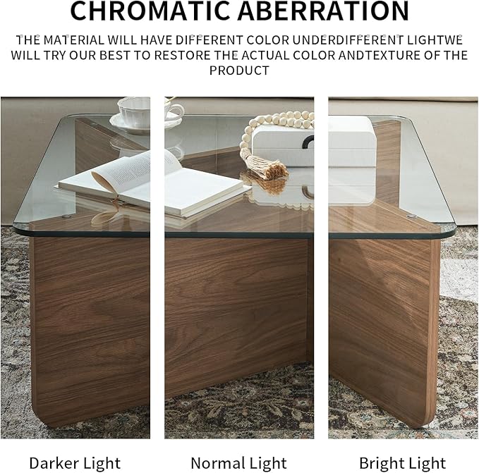 LKTART 31.5" Glass Coffee Table, MDF Mid-Century Modern Square Coffee Table with Tempered Glass Top, Square Center Tables for Small Space Living Room Office Apartment, Walnut