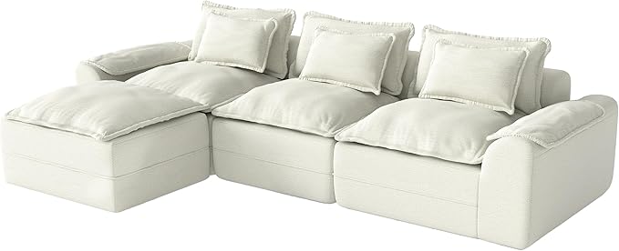 Hobestluk 120" Cloud Modular Sectional Couch 3-Seater Sofa with Ottoman L Shaped Sofa with Removable Cover Large Sofa Couch for Living Room (Beige, 3-Seater Sofa with One Ottoman)