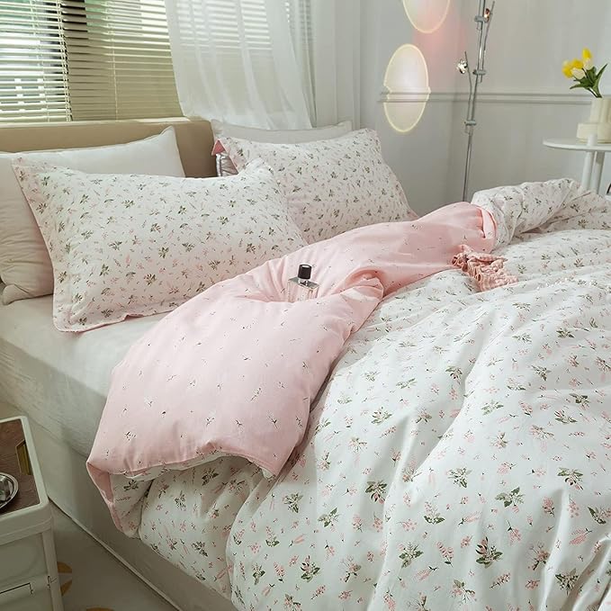 Floral Comforters Full Size 3 Pieces Soft Cute Floral Bedding Comforter Sets Garden Style Pink Flower Print Botanical Flowers Comforter Set for All Seasons 1 Comforter and 2 Pillowcases