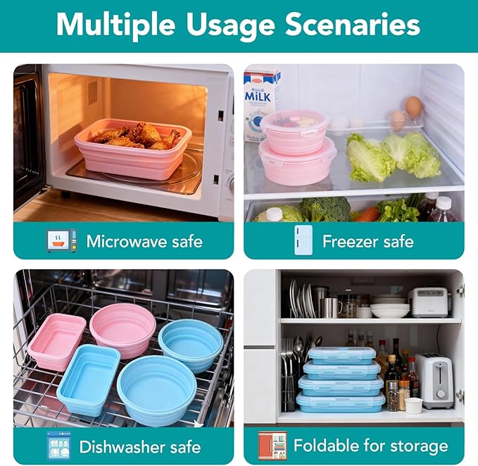 4 Pack Silicone Collapsible Bowls with Lids for Camping, Square Food Storage Containers Set, Leak-Proof & Portable Collapsible Kitchen Containers for Travel, Hiking, Picnic & Meal Prep