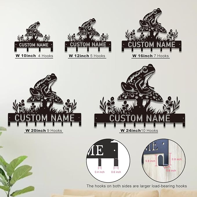 Custom Frog Key Holder for Wall Entryway, Personalized Metal Name Sign with Hooks Coat Rack & Dog Leash Holder, Decorative Wall Hanger Organizer (Style-4)