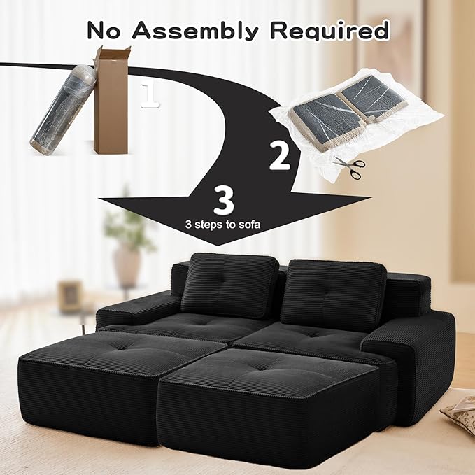 80" Modern Compressed Boneless Love Seat Couches with 2 Ottomans, 2 Seater Large Sectional Couches for Living Room, Black Corduroy Cloud Modular Sectional Sofa, Memory Foam, Deep Loveseat, No Assembly