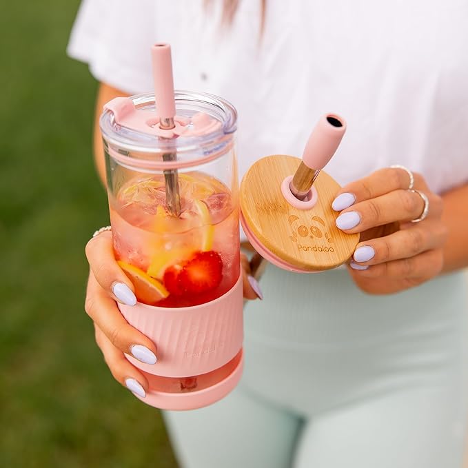 Pandaloo® Glass Cups With Lids and Straws -20 Fl Oz- Perfect Size Iced Coffee Cup - Smoothie Cup With Bamboo Lid and On the go Lid - Glass Tumbler (2 Count (Pack of 1), Amber Sand-Coton White)