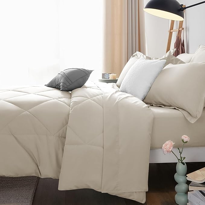 CozyLux King Size Comforter Set Oatmeal - 7 Pieces Bed in a Bag King, Luxury Soft Bed Set for All Seasons, Bedding Set with Down Alternative Comforter, Sheets, Pillowcases & Shams