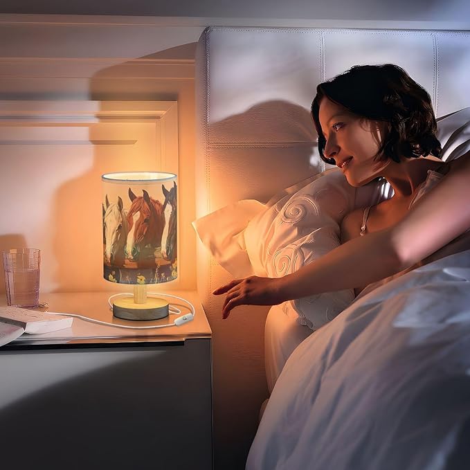 Bedside Lamp Wild Horse Table Lamp with USB Port Wood Base for Living Room,Bedroom,Nightstand 214b6340