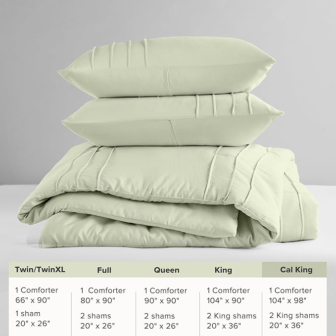 Comfort Spaces Sage Cal King Size Comforter Set - 3 Pieces Pintuck Pleated Bedding Sets, All Season Lightweight, Extra Softness Pre-Washed Microfiber Cal King Bed Set, Shams, Cal King