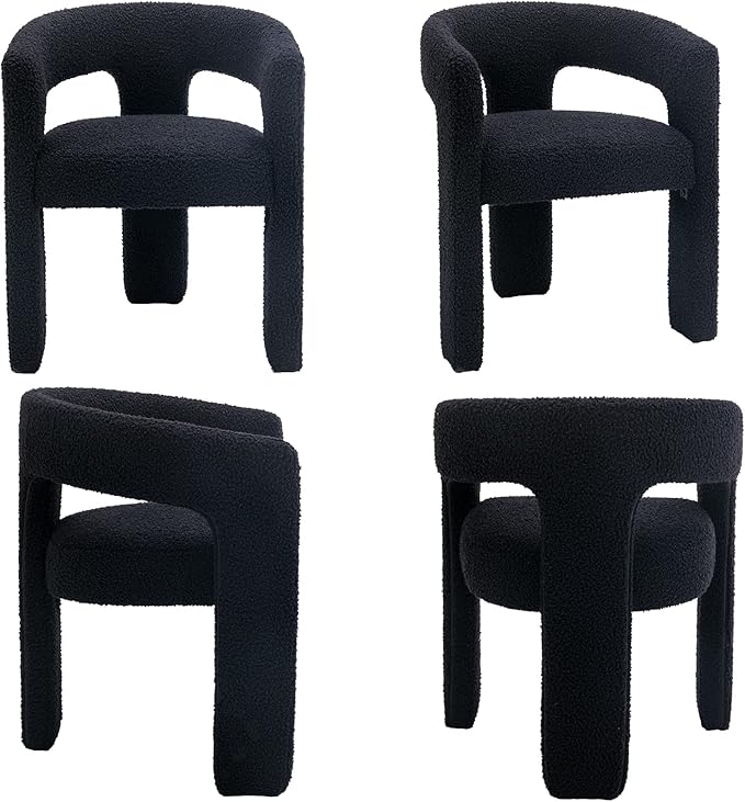 Modern Sherpa Dining Chairs Set of 5, Upholstered Barrel Chairs with Arms Comfy Accent Side Chairs for Living Room/Dining Room/Reception, Black