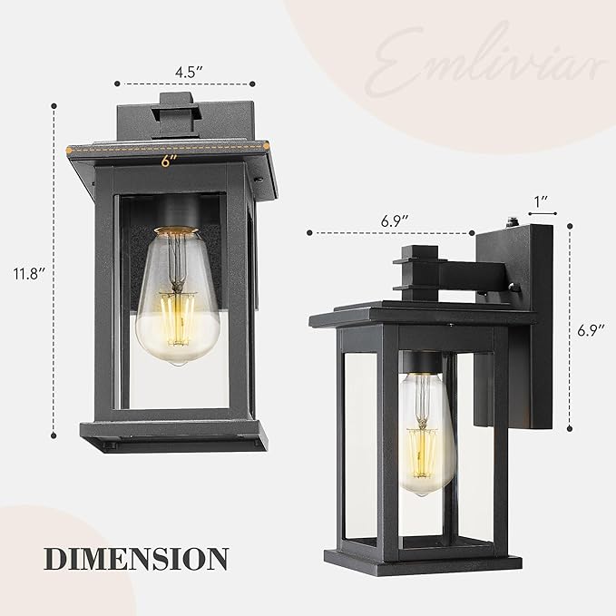 Emliviar Dusk to Dawn Outdoor Porch Light Outdoor Lighting Photocell Sensor, Matte Black Outside Wall Light with Clear Glass, Anti-Rust,1803EW1-PC BK