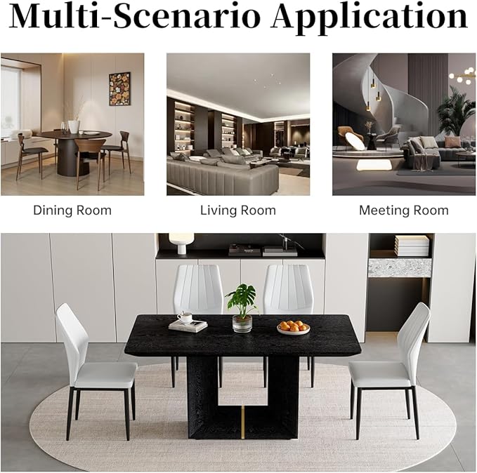 63" Modern Black Dining Table Set for 4 with Chairs, 5 Piece Rectangular Dining Room Table and 4 PU Leather Chairs, Kitchen Dining Set with Matte Wood Finish, Geometric Base, Easy Assembly