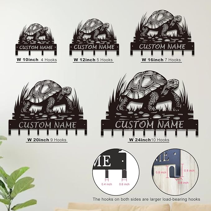 Custom Tortoise Metal Key Holder for Wall, Personalized Family Name Metal Sign with Hooks, Entryway Coat Rack and Organizer for Keys, Leashes, Hats (Style-4)