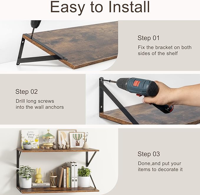Deep Floating Shelves for Wall, 24"W x 10"D Wall Shelves Set of 2, 10 Inch Deep Floating Shelf with Brackets, Wide Display & Storage Shelves for Books, Living Room, Kitchen, Bathroom, Rustic Brown