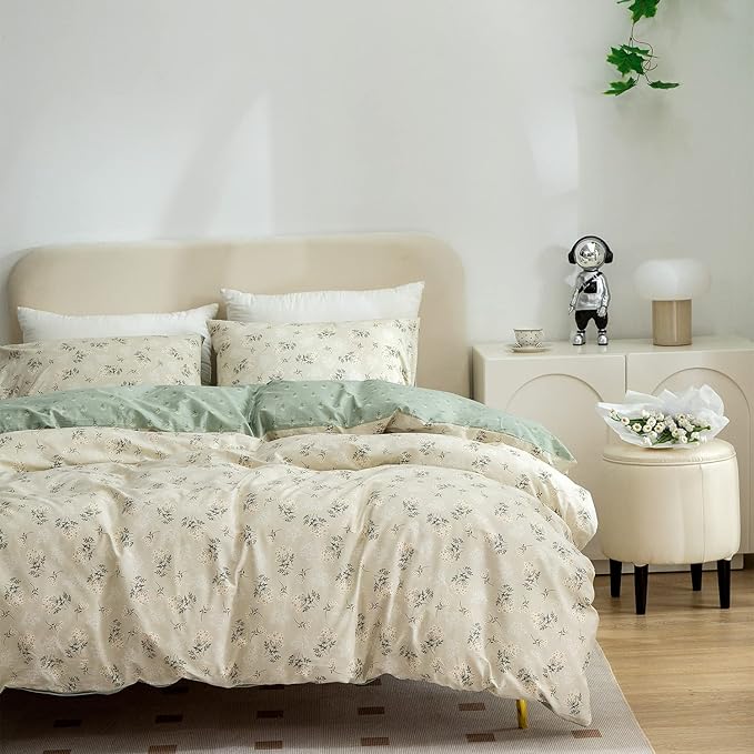 Floral Full Comforter Set Soft Cute Floral Bedding Comforter Sets Garden Style Green Flower Print Botanical Flowers Full Comforter Set for All Seasons 1 Comforter and 2 Pillowcases