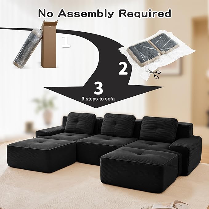 115" Modern Compressed Boneless Couch with Ottoman, 3 Seater Large U Shaped Sectional Couches for Living Room, Black Corduroy Cloud Modular Sectional Sofa, Memory Foam, Extra Deep, No Assembly