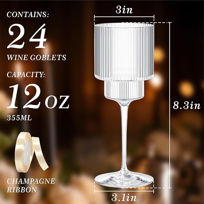 24PCS Ribbed Plastic Wine Glasses - 12oz Unbreakable Wine Glasses with Stem, Disposable Clear Plastic Champagne Cups with Ribbon for Party, Wedding, Poolside, Outdoor, Camping, Picnic