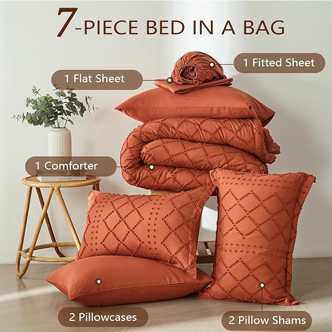 Terracotta Tufted Comforter Set Queen Size 7 Piece Bed in a Bag,Shabby Chic Boho Comforter and Sheet Set,All Season Soft Microfiber Complete Bedding Set(Terracotta,90"x90")