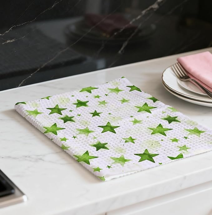 Watercolor Star Hand Towel, Star Waffle Towels, Nursery & Bathroom Hand Towel, 16x24 Inch Grass Green Dish Tea Towel Decor for Kitchen & Nursery & Bathroom, Gift for Friends & Homeowners.