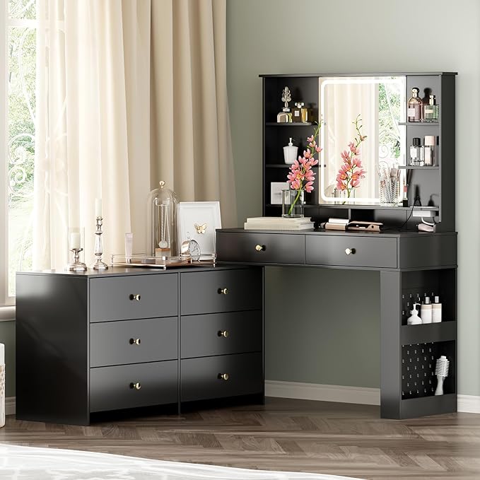 Makeup Vanity Desk with Mirror and Lights, Vanity Desk with 8 Drawers & Storage Shelves, Vanity Table with Power Outlet, 3 Color Modes & Adjustable Brightness Dressing Table, Bedroom,Black