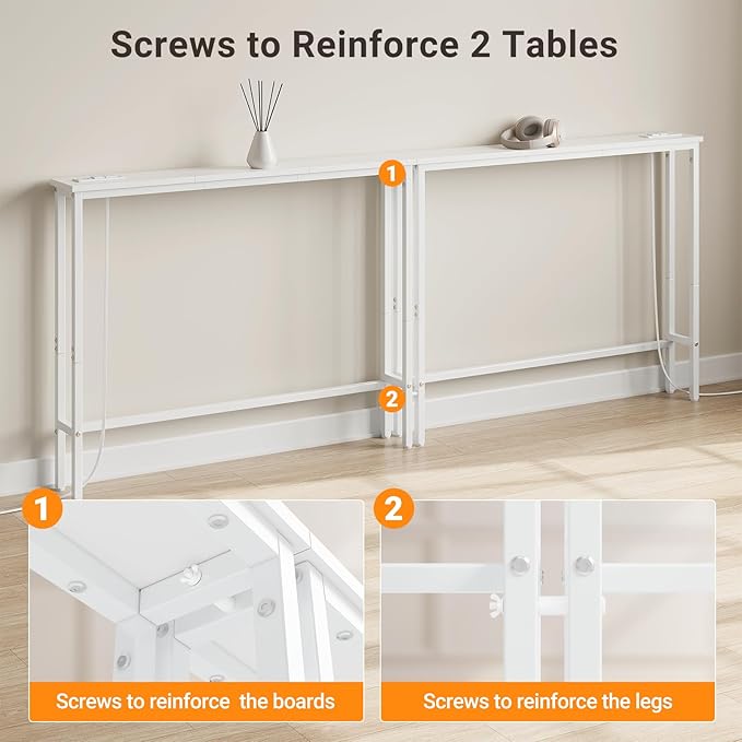 ELYKEN 5.9" Narrow Console Sofa Table with Power Outlets, Total 39.4” Long Behind Couch Table with Charge Station and 5.9’ Extension Cord for Living Room, 5.9" D x 39.4”W x 29.5”H, White