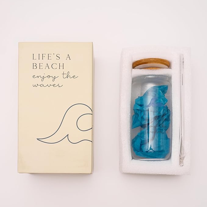 Ocean Gifts for Women - Glass Tumbler with Lid and Straw, Customized Straw Stopper and Cup Sleeve, Aesthetic Unique Design Iced Coffee Gift Cup for Mom, Teacher, Friend