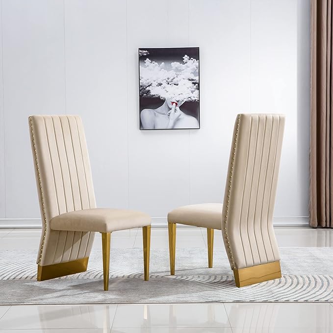 AUZ Dining Chairs with Nail Head Trim, Modern Velvet Upholstered Dining Room Chairs in Lovely Color with Polished Gold Stainless Steel Legs, Set of 4