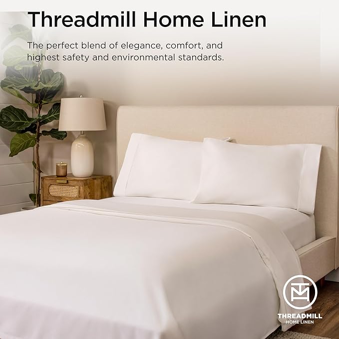 Threadmill 100% Cotton Sheets for King Size Bed - 600 Thread Count King Bed Sheets Set with 16” Deep Pocket - Sateen Weave 4-Piece Bedding Set with Cooling Effect, White