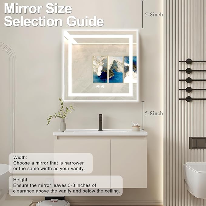 32 X 32 Inch Square LED Bathroom Vanity Mirror, 3 Colors Light Dimmable, Wall Mounted Memory Lighted Makeup Mirror with Anti-Fog Touch Switch (Front-lit&Backlit)