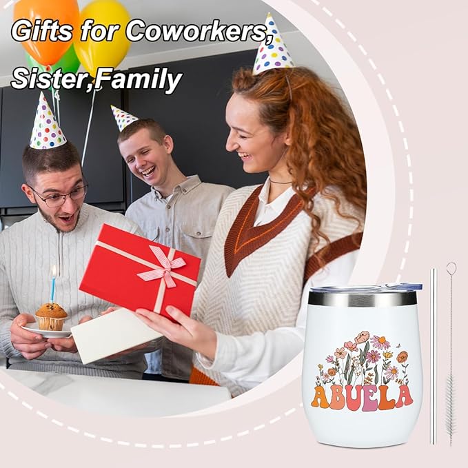 Abuela Grandma Birthday Gifts Wine Tumbler 12 oz Insulated Wine Glass Cup with Lid Straw Vacuum Insulated Travel Cup,Grandma Gifts from Granddaughter for Women Grandmother Christmas Mothers Day