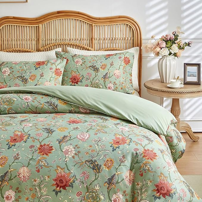EAVD Vintage Garden Floral Comforter Set Queen Green Soft Microfiber Chic Vibrant Floral Bedding Comforter Set 1 Queen Bed Comforter and 2 Pillowcases Fresh Botanical Comforter Set for All-Season