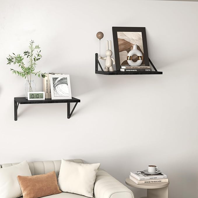 Heimlove Black Deep Floating Shelves for Wall, 16W x 12D Wood Wall Shelves Set of 2, Wide Floating Bookshelf for Living Room, Kitchen, Office, Bedroom and Decor Storage, with Metal Bracket - Black