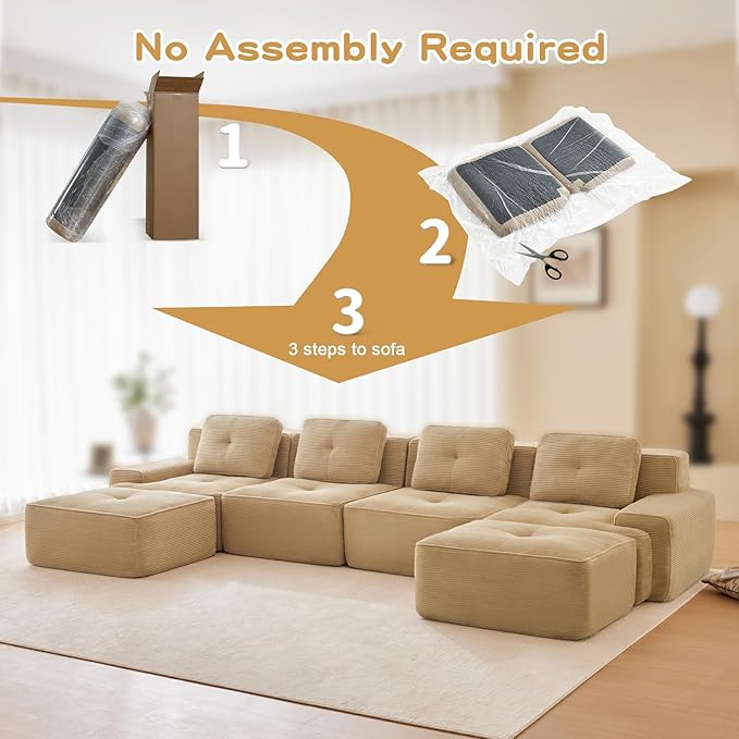 150" Modern Compressed Boneless Couch with Ottoman, 4 Seater Large U Shaped Sectional Couches for Living Room, Camel Corduroy Cloud Modular Sectional Sofa, Memory Foam, Extra Deep, No Assembly