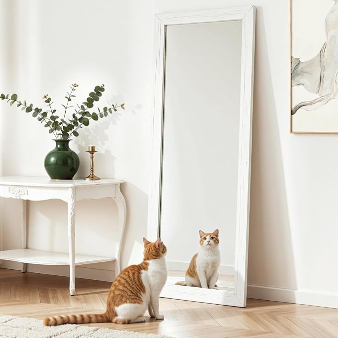 Yumyolk Full Length Mirror with Stand 64"x26" Large Vintage Wood Wall Mounted Mirrors for Bedroom White