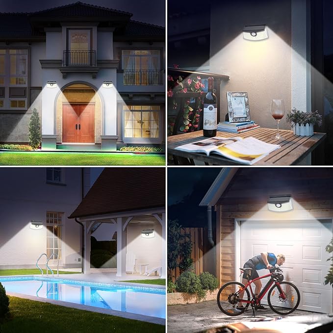 Aootek New Solar Motion Sensor Lights 120 LEDs with Lights Reflector,270° Wide Angle, IP65 Waterproof, Step Lights for Front Door, Yard, Garage, Deck (Black, Daylight White, 8-Pack)