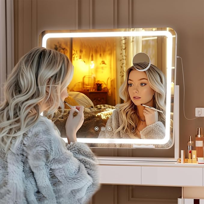 Hasipu Vanity Mirror with Lights, 25" x 21" LED Makeup Mirror, Light up Mirror with 10X Magnification and Phone Holder, USB Charging Port, Smart Touch 3 Colors Dimmable, 360ยฐ Rotation (White)