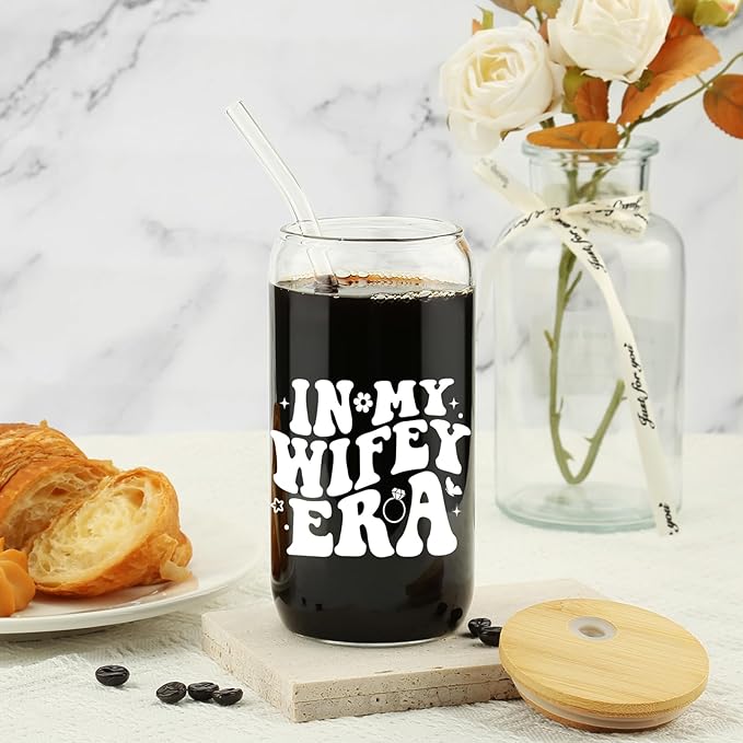 New Wifey Gifts, Bride Wedding Gift, Bridal Shower Gifts, Newlywed Present for Friend, Bride to Be Gift Idea, In My Wifey Era Ice Coffee Cup, Newly Married, Wife Present, 16OZ Glass Cup w/ Lid & Straw