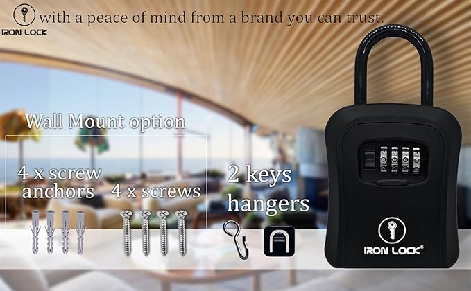 Iron Lock® Key Lock Box Portable with U-Shackle & Wall Mount – Medium Waterproof Heavy-Duty Metal Safe with 4-Digit Combination for Spare Keys Outside on Door Knob, Fence or Gate (Black, Medium)