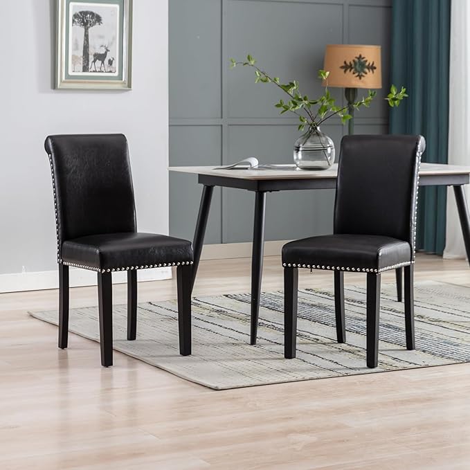Westice Dining Room Chairs Set of 6 Upholstered PU Leather Kitchen Chairs Dining Room Side Chair with Nailhead Trim and Rubber Wood Legs for Small Space Apartment, Black