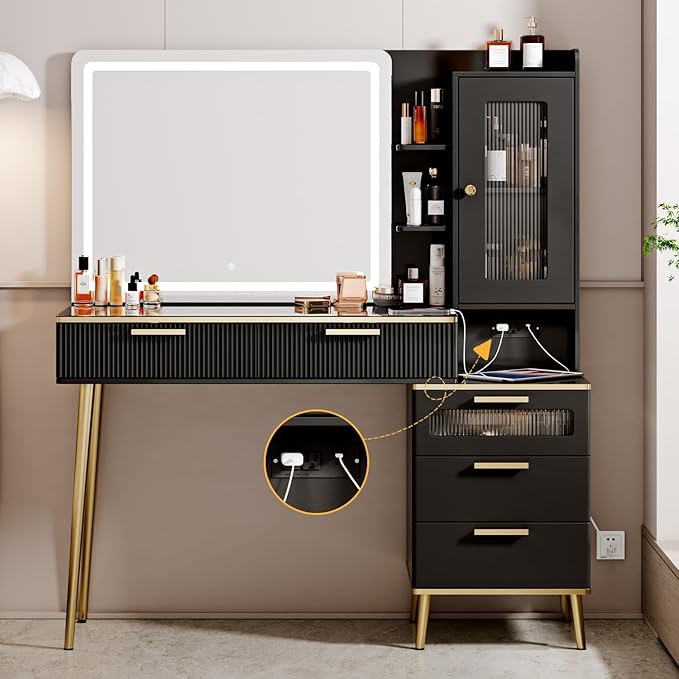 47.24" Big Modern Vanity Desk with Mirror and Lights, Vanity Desk with 29.53" HD Lighted Mirror, Makeup Vanity with 5 Drawers and Storage Shelves and Charging Station, Black2