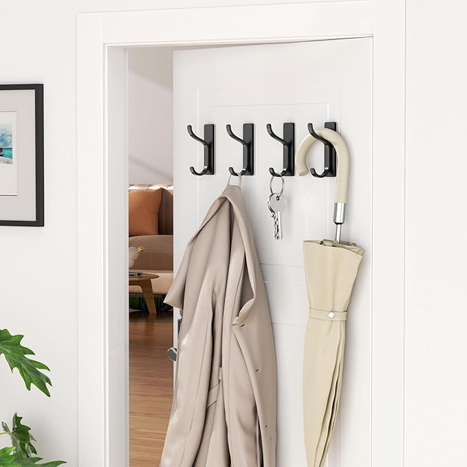 pickpiff Adhesive Wall Coat Hooks - Heavy Duty Stick-On Door Hanger, Metal Hook for Hanging Towel,Purse, Robe, Backpack, Jacket, Clothes - for Bathroom,Dorm, Closet, Kitchen - Black, 2 Pack